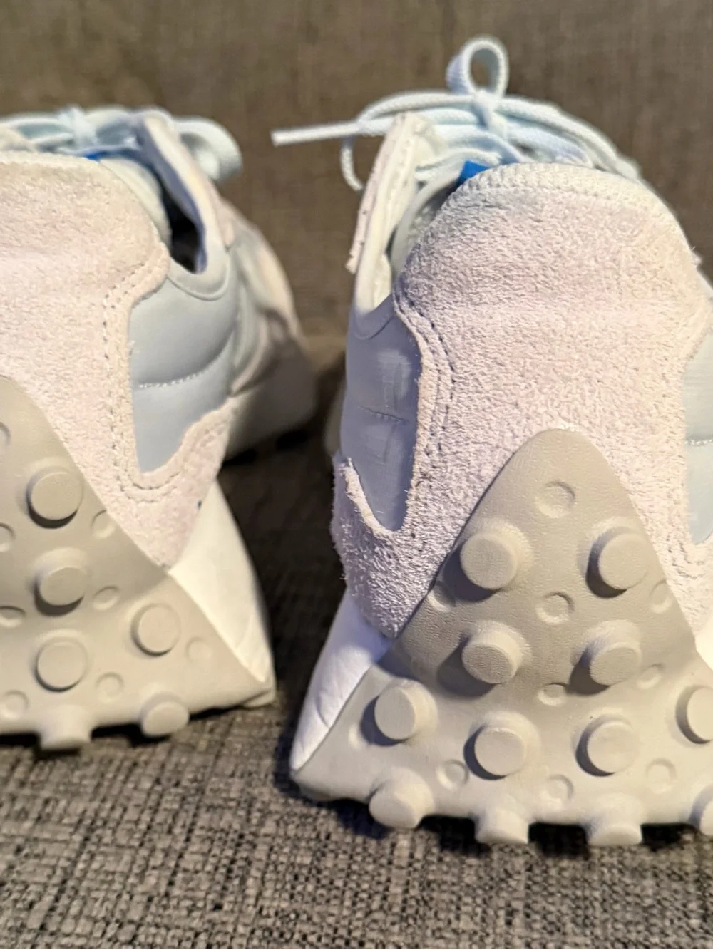 New Balance White & Pale Blue Suede Mesh Trainers with Blue Logo